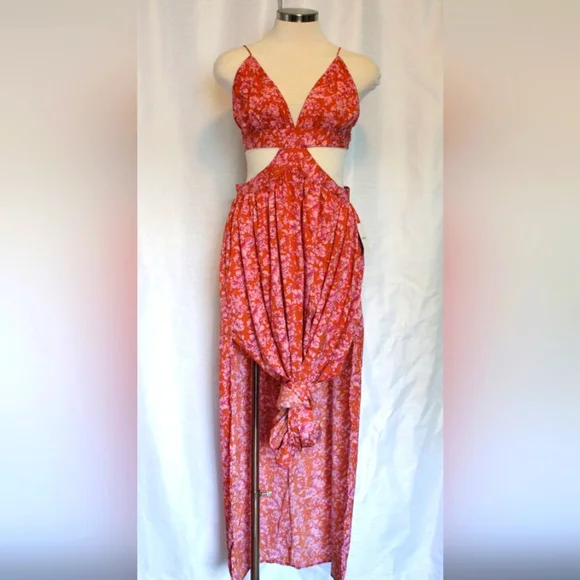 NWT Forever 21 Floral Cutout Maxi Dress – Burgundy/White, Size L - Picture 2 of 9